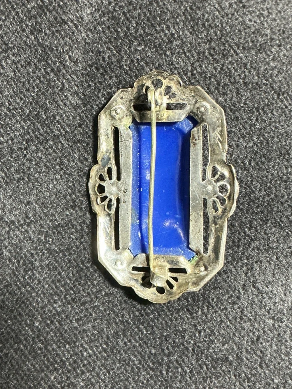 Vintage 1930s Art Deco Faux Lapis Lazuli Filigree Brooch Pin- Molded Blue Glass